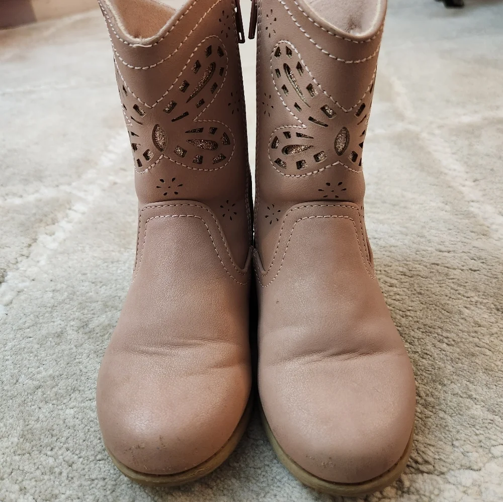 Girls Size 10 Rachel Shoes Pink Cowboy  Boots Butterfly Detail Glitter Zippers